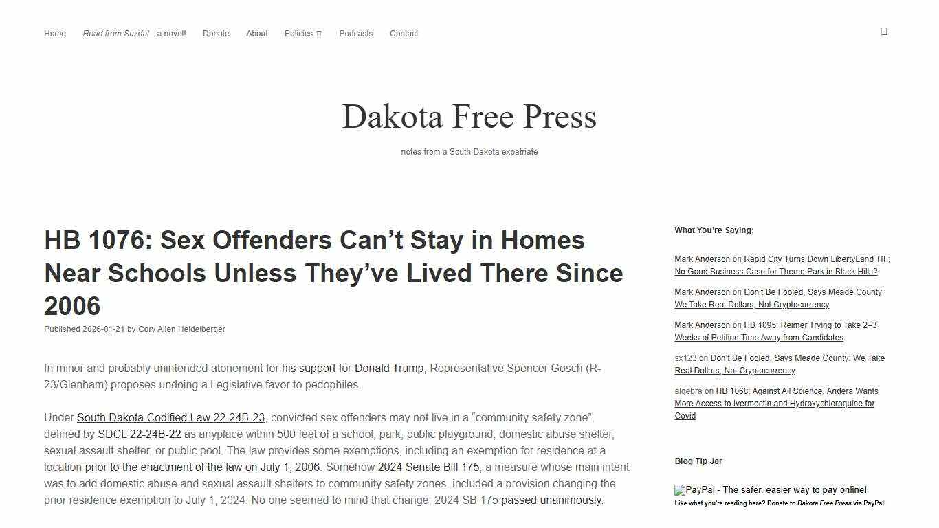 HB 1076: Sex Offenders Can’t Stay in Homes Near Schools Unless They’ve Lived There Since 2006 – Dakota Free Press