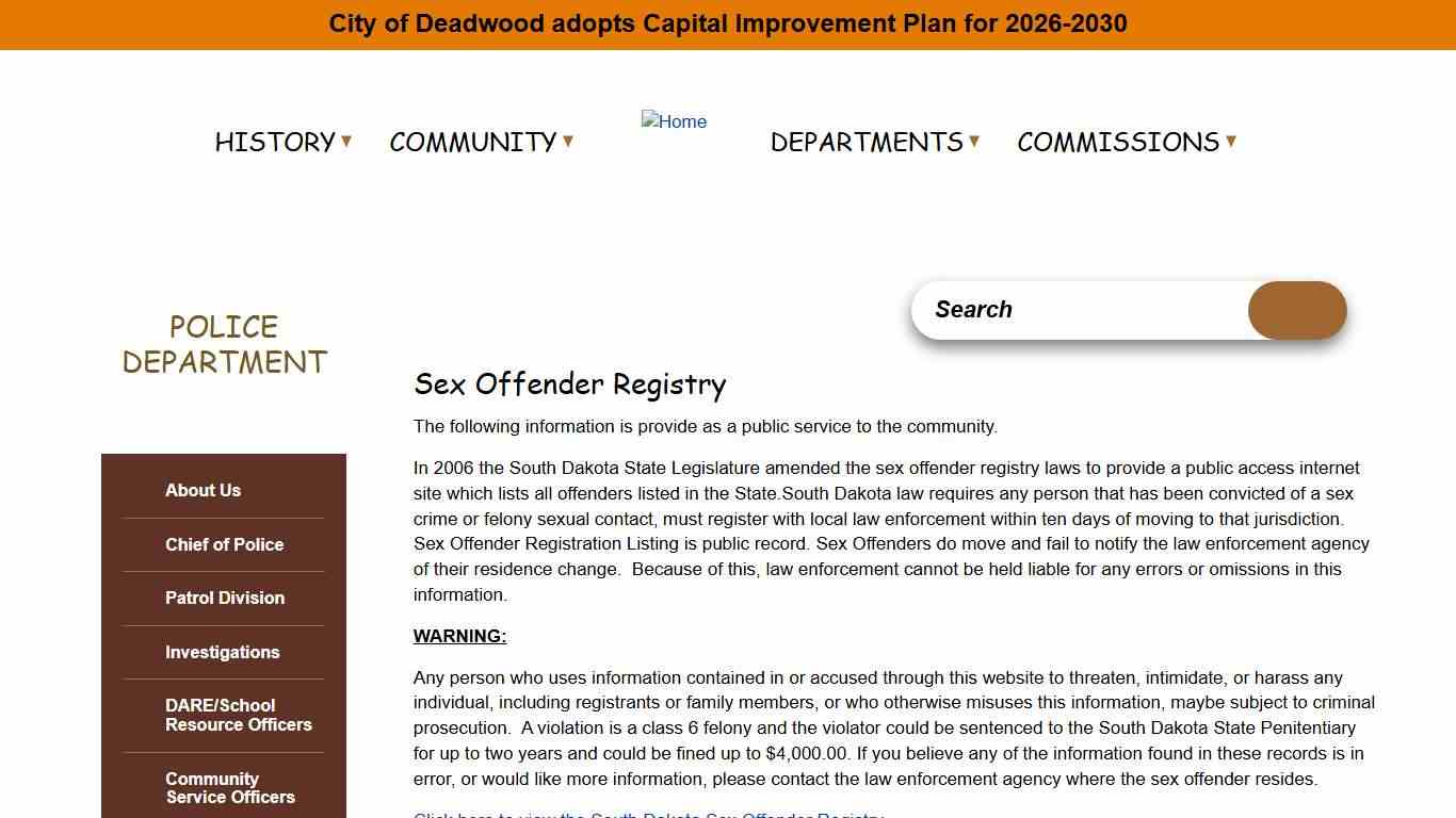 Sex Offender Registry City of Deadwood South Dakota